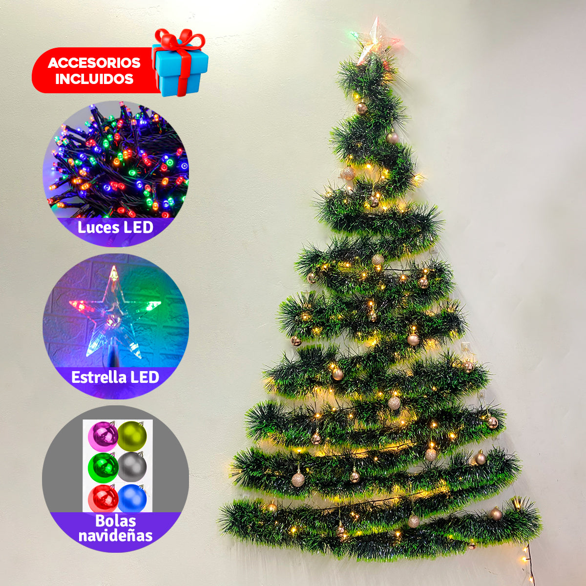 Árbol navidad de Pared + luces + estrella + Decoración GRATIS